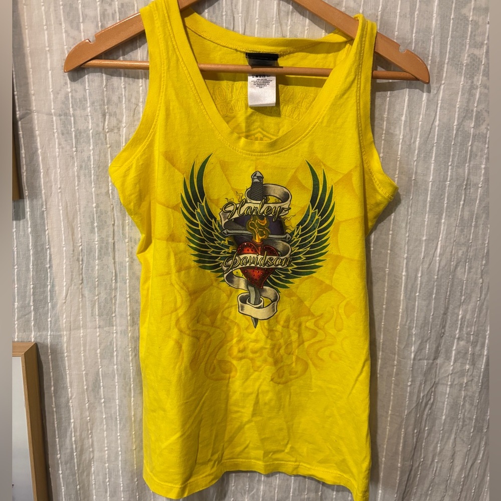 Harley Davidson graphic tank top with bedazzling in yellow